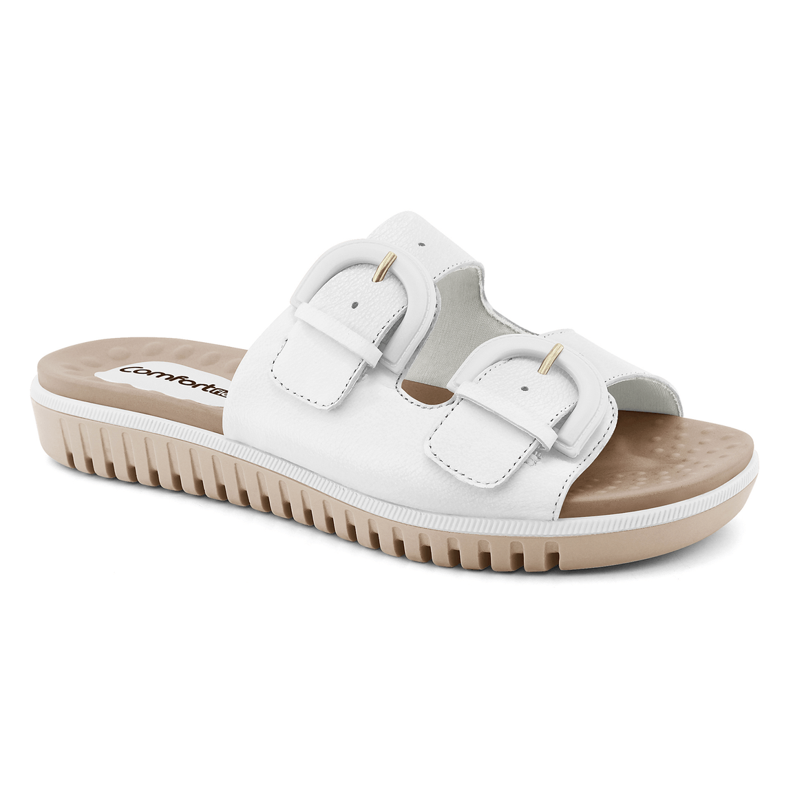 Tamanco feminino Comfortflex branco com duas tiras largas e fivelas ajustáveis